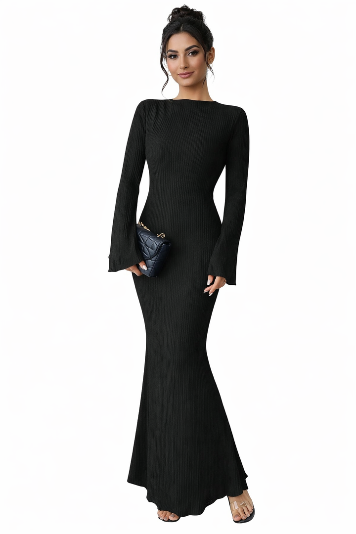 ribbed column maxi dress with flared sleeves – VAZIRA