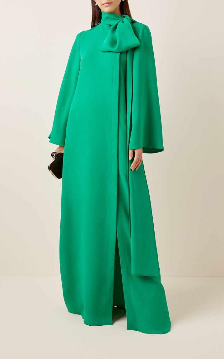 bow-neck draped gown with side slit – ODD- REZIIN