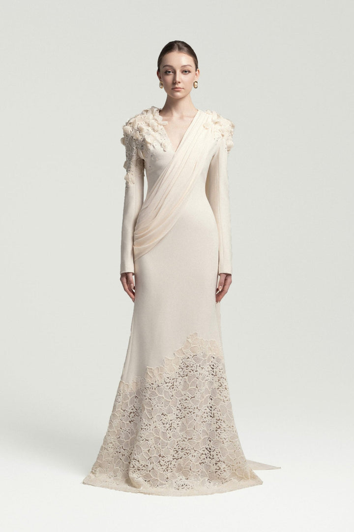 draped lace-embellished gown with floral shoulders – ODD- ELARIS