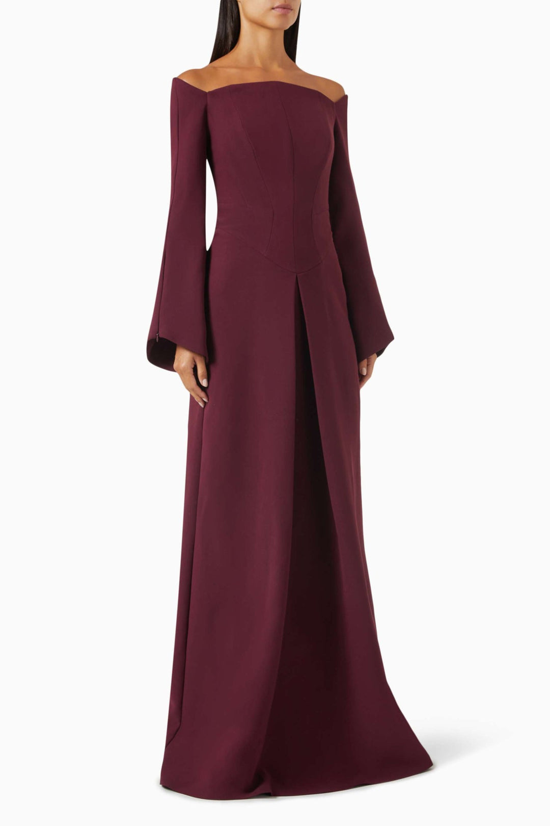 off-shoulder gown with flared sleeves – ODD- MERLOT