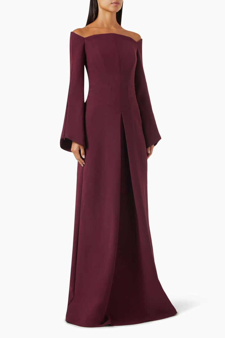 off-shoulder gown with flared sleeves – ODD- MERLOT