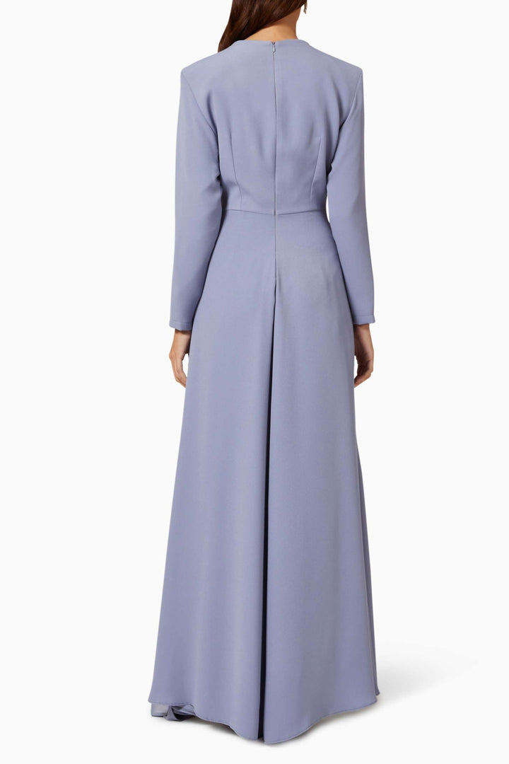 long-sleeve gown with embellished illusion neckline & draped sash – RHEA