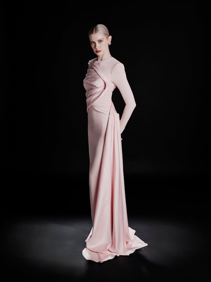 long-sleeve draped column evening gown – RUBINA
