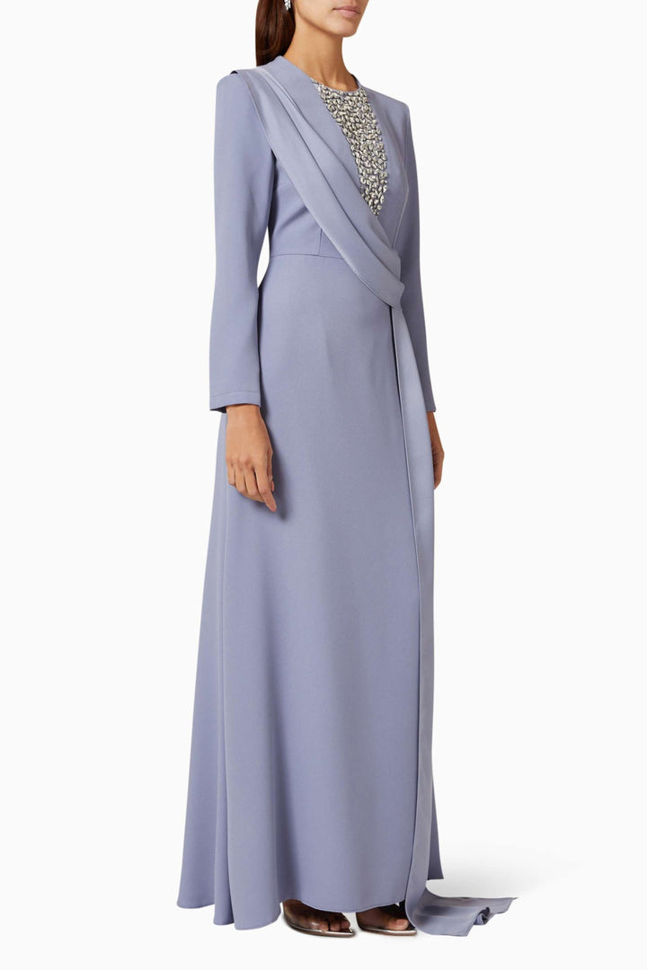 long-sleeve gown with embellished illusion neckline & draped sash – RHEA