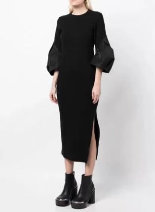Long-sleeve bodycon midi dress with contrast puff sleeves – MOCHAIR