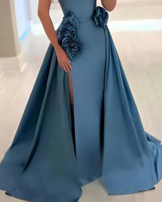Strapless A-line gown with floral appliqué and front slit – ODD- AZURE