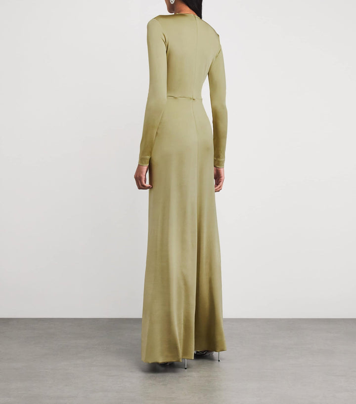 Deep V-neck draped gown with crystal embellishment – OLIVETTE