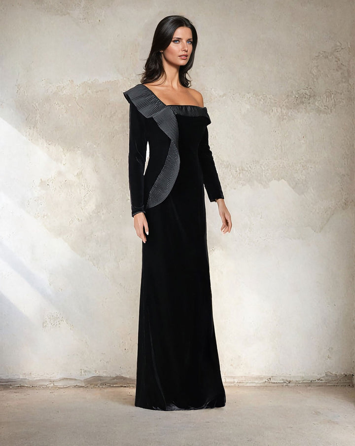 velvet column dress with crumple ruffle and long sleeves - ODD-QOLEN
