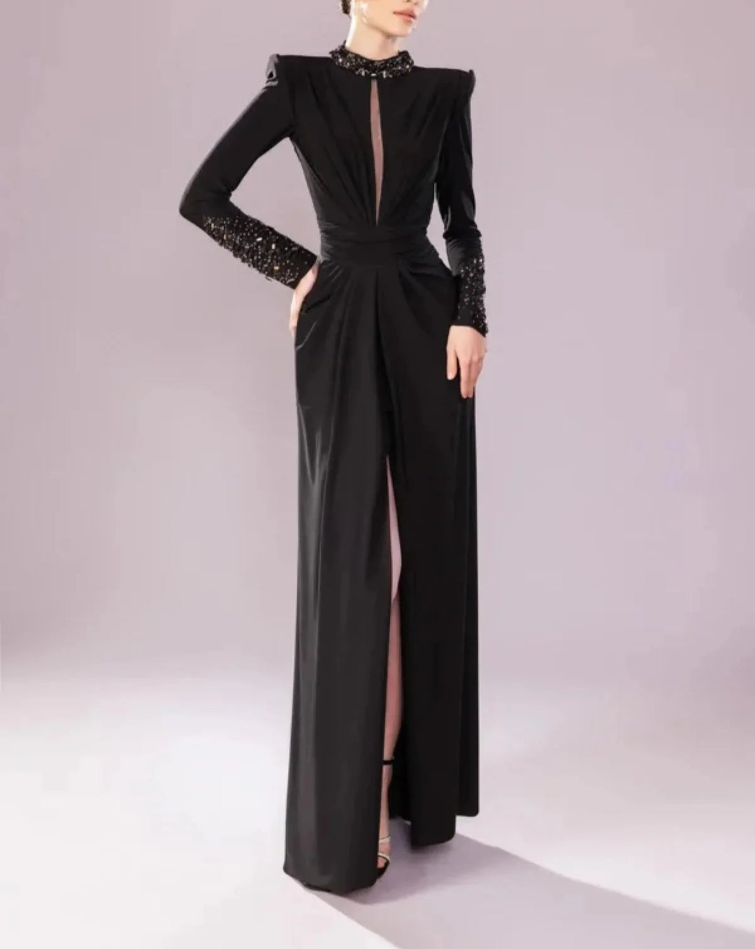 High-neck long-sleeve dress with embellished cuffs and front slit – ASTRD