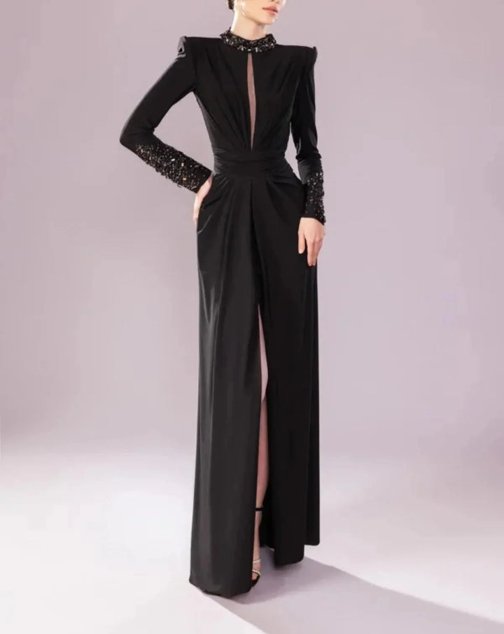 High-neck long-sleeve dress with embellished cuffs and front slit – ASTRD