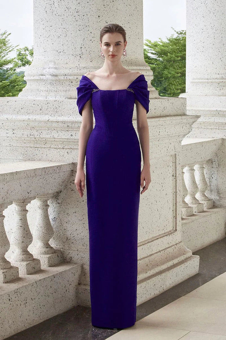 off-shoulder column gown with sculpted draped sleeves – VIOLETTA