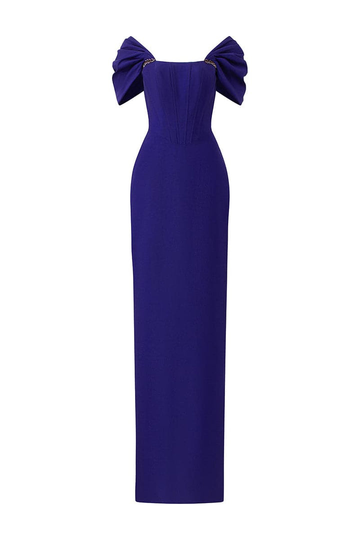off-shoulder column gown with sculpted draped sleeves – VIOLETTA