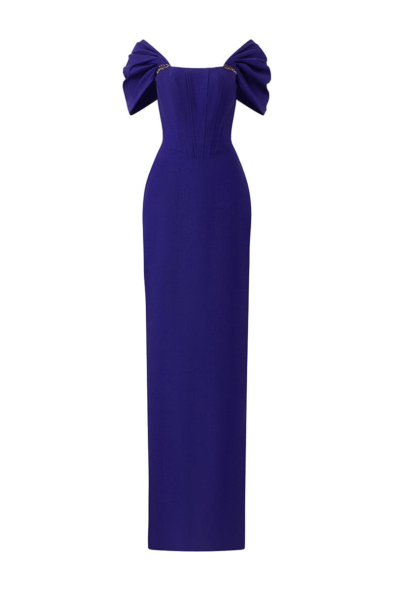 off-shoulder column gown with sculpted draped sleeves – ROYALE
