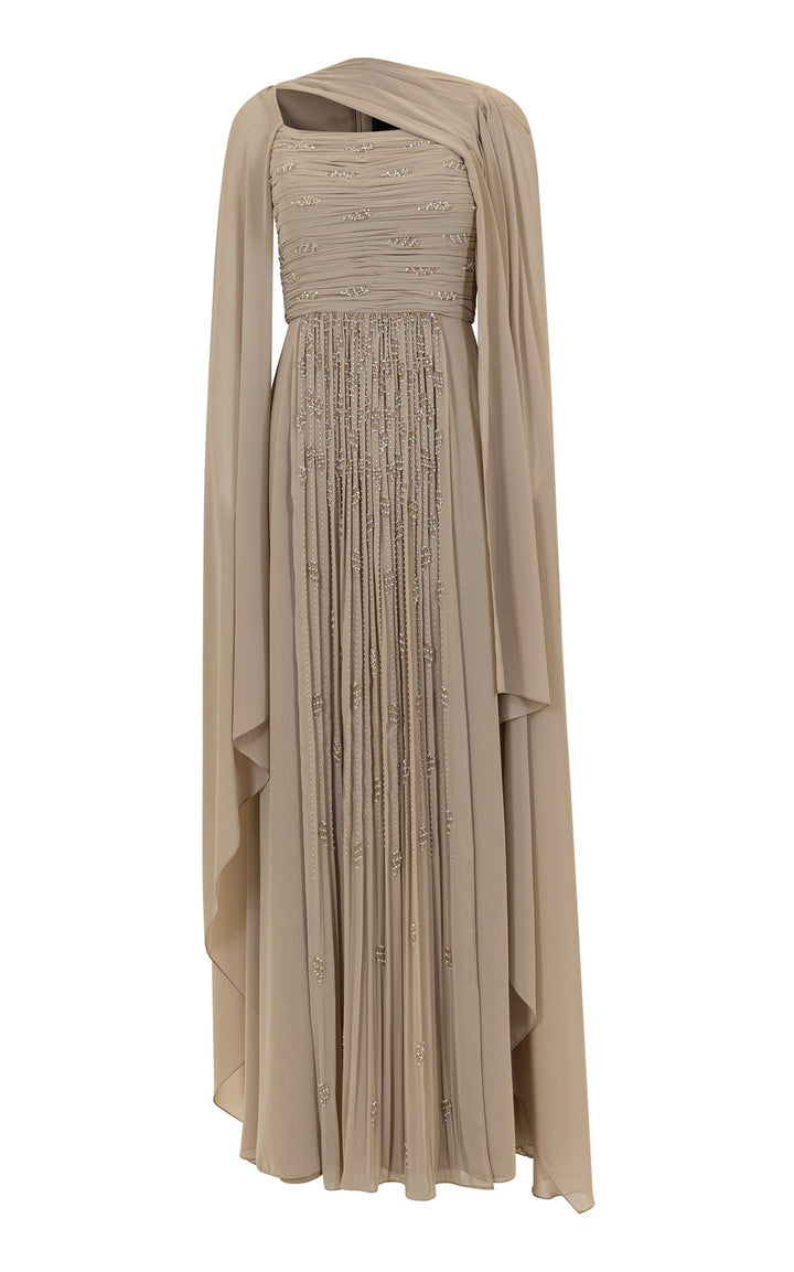 draped chiffon pleated dress with embellished cape – DESERT