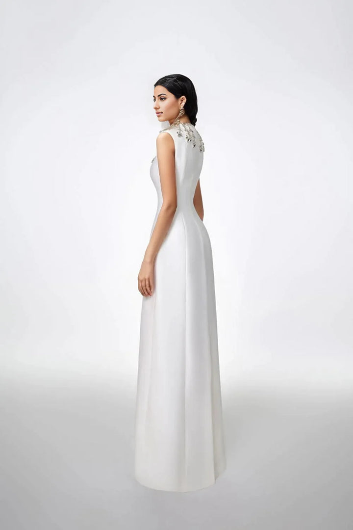 Sleeveless gown with embellished high neckline – Zobia