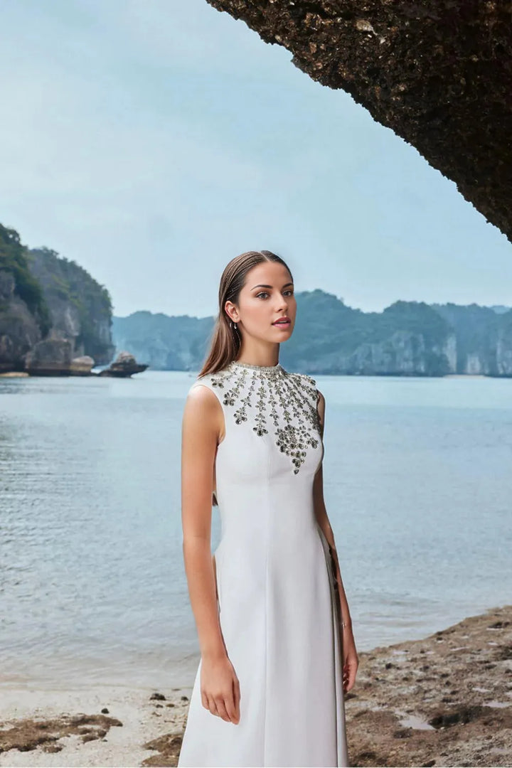 Sleeveless gown with embellished high neckline – Zobia