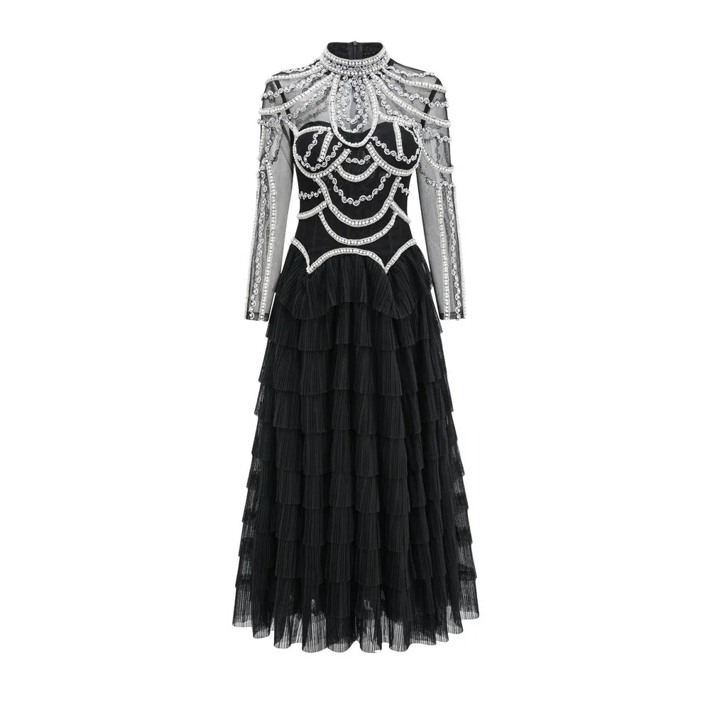 embellished high-neck tulle maxi dress with tiered skirt – SERAPHINA