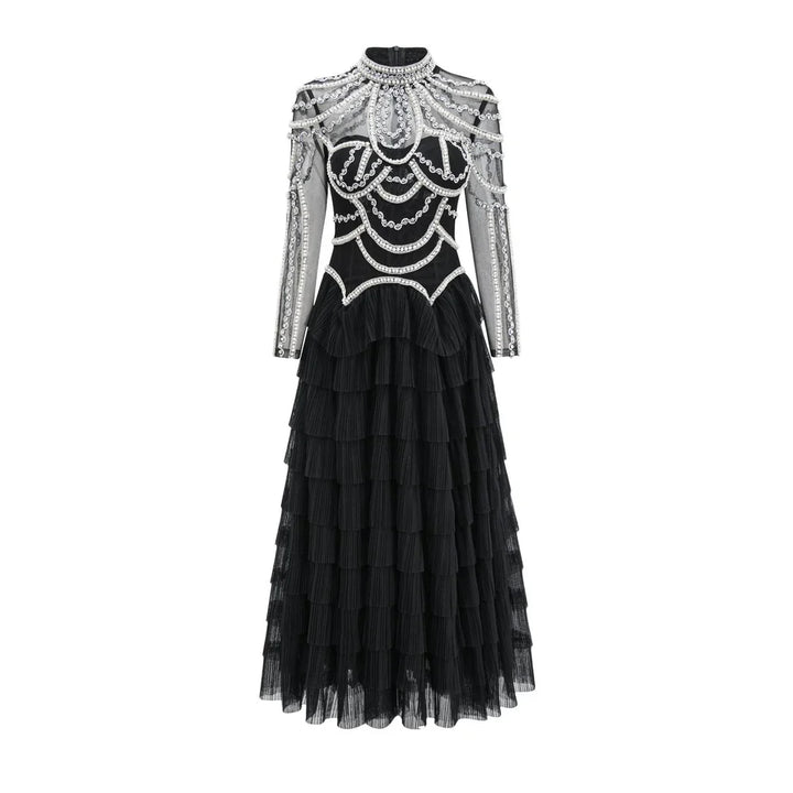 embellished high-neck tulle maxi dress with tiered skirt – SERAPHINA