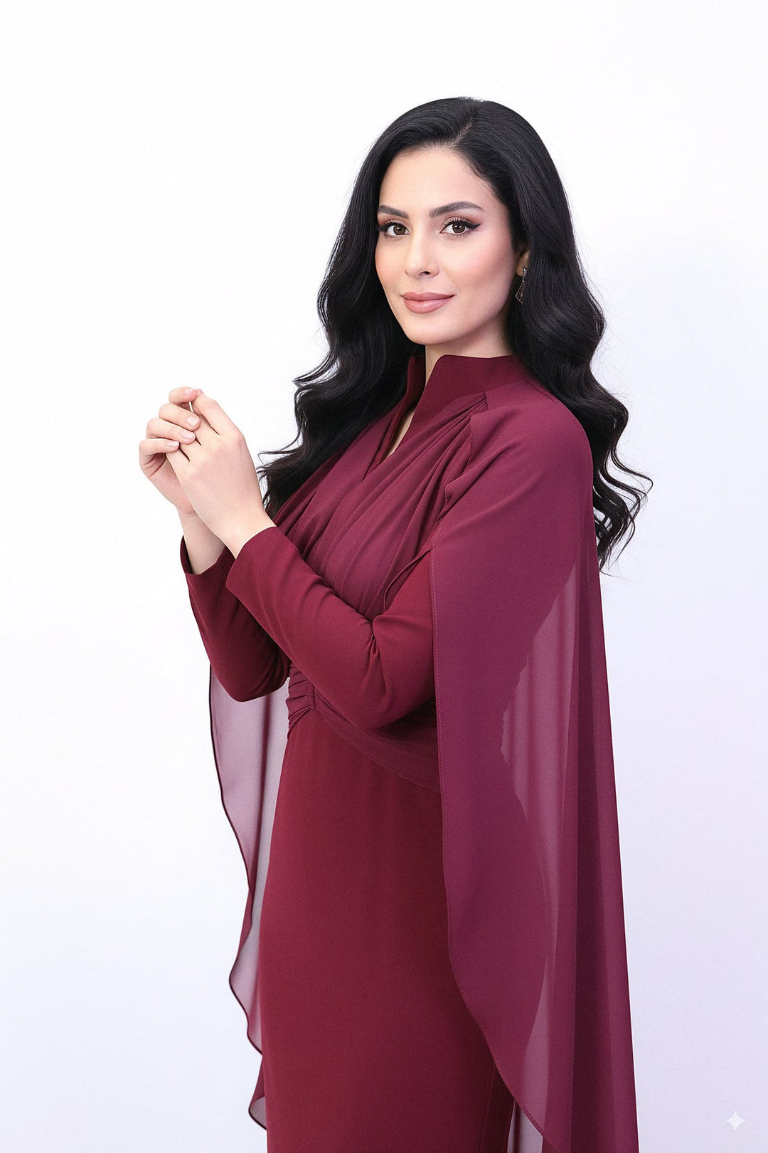 draped high-neck gown with chiffon cape sleeves – ODD- MERLOT