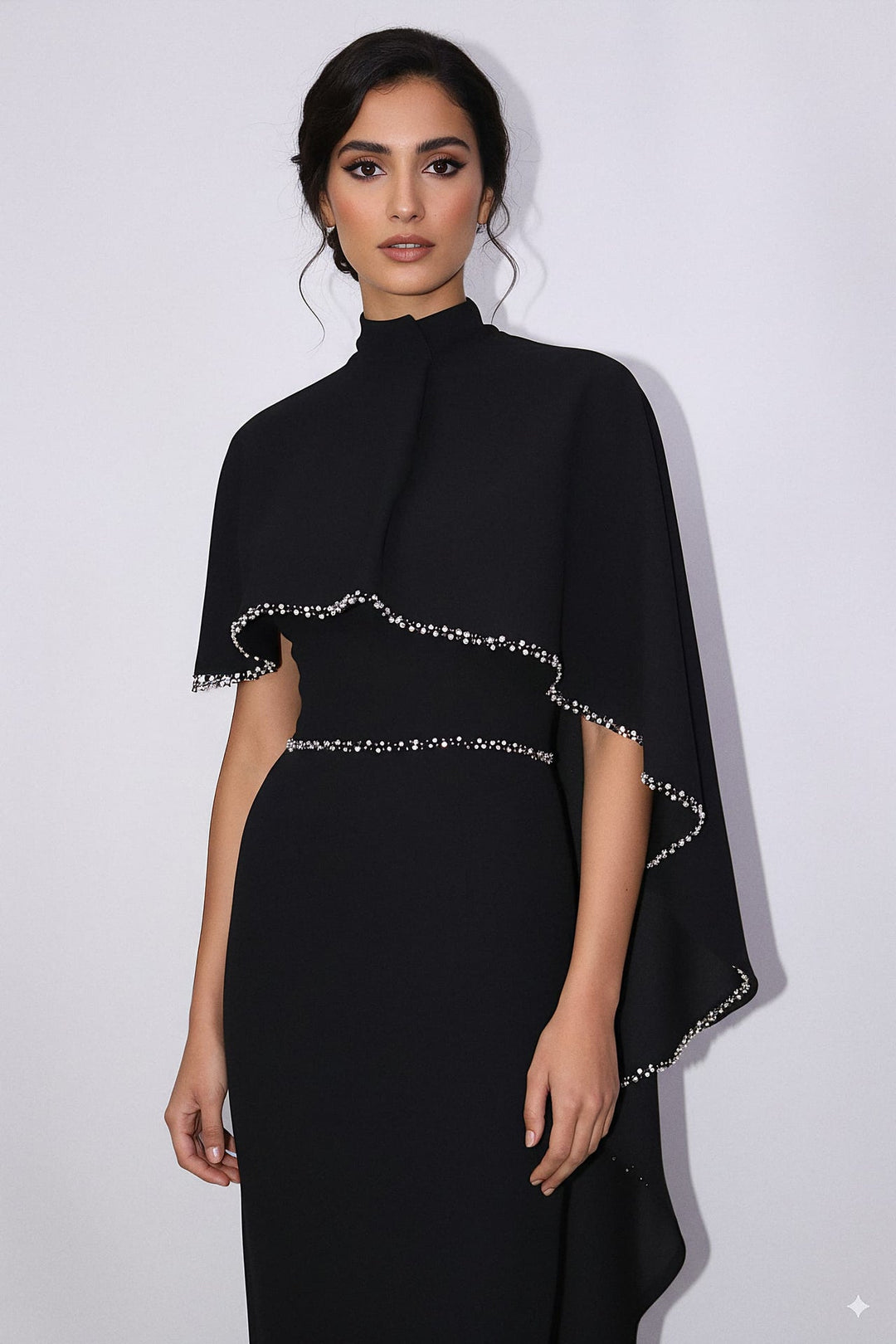high-neck column gown with embellished cape – ODD- VORIN