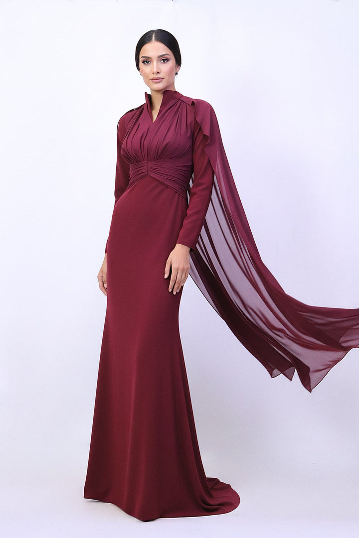 draped high-neck gown with chiffon cape sleeves – ODD- MERLOT