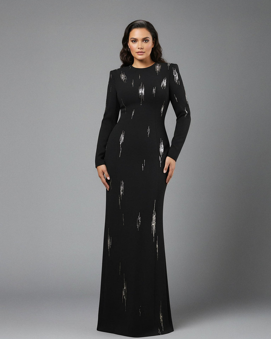 Long-Sleeve Column Dress with Metallic Embellishments - STELLAR-1