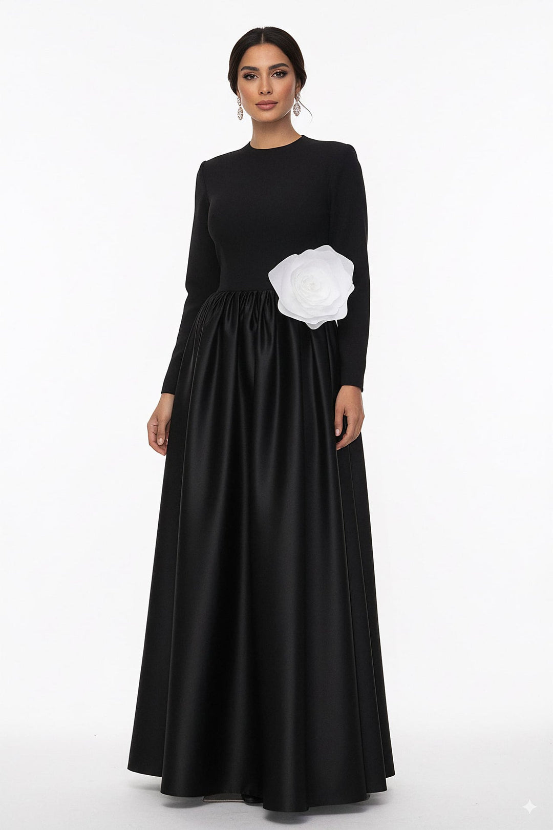 long-sleeve satin gown with oversized flower accent – ODD- MIREN