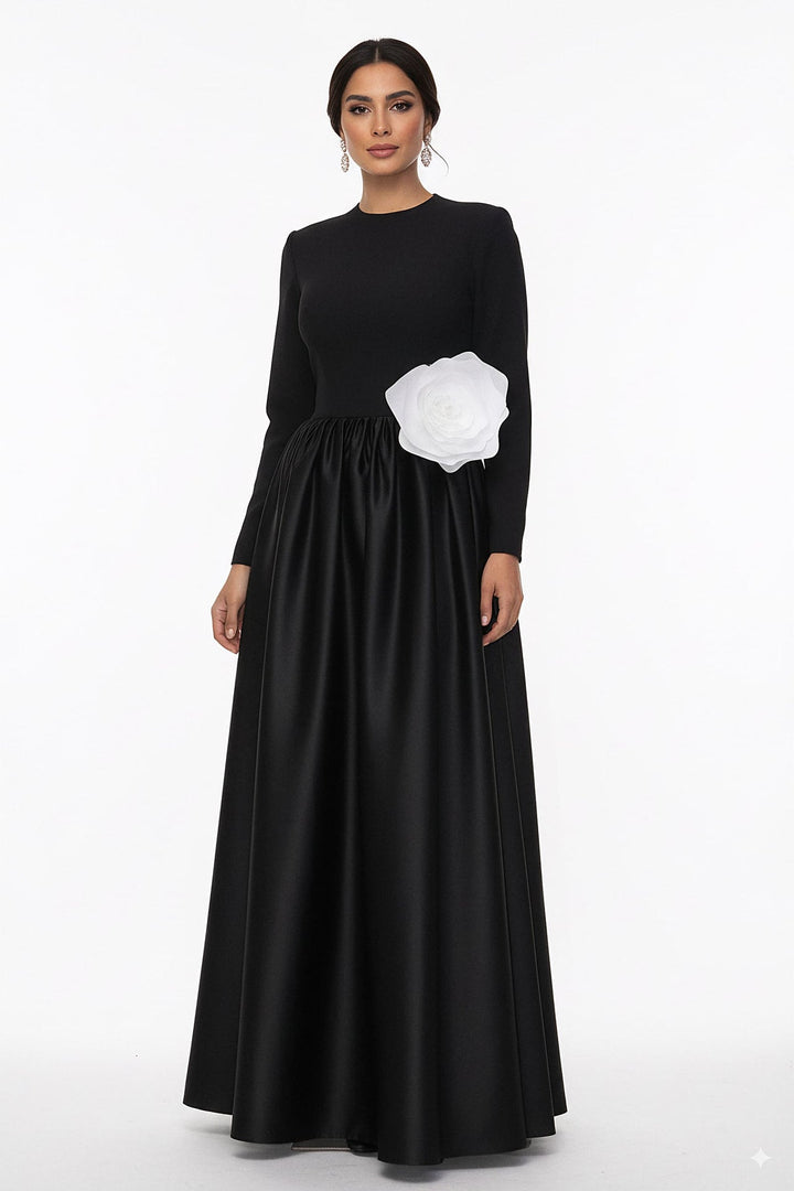long-sleeve satin gown with oversized flower accent – ODD- MIREN