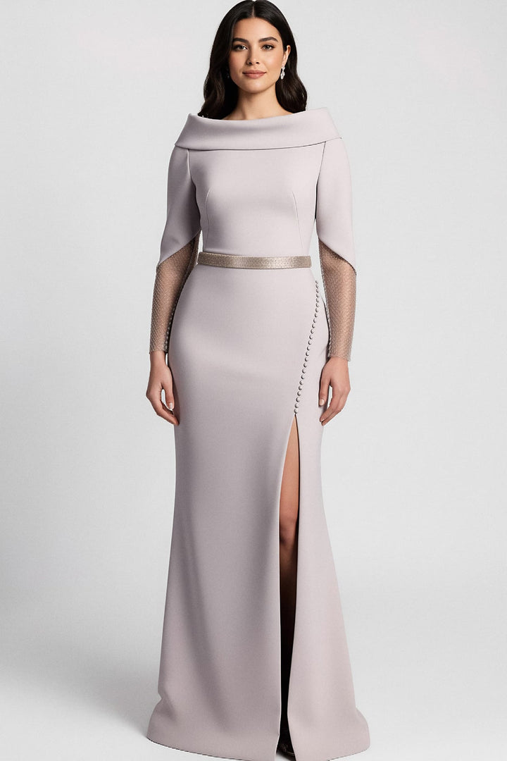 Off-shoulder gown with sheer embellished sleeves and slit – SELVI-1