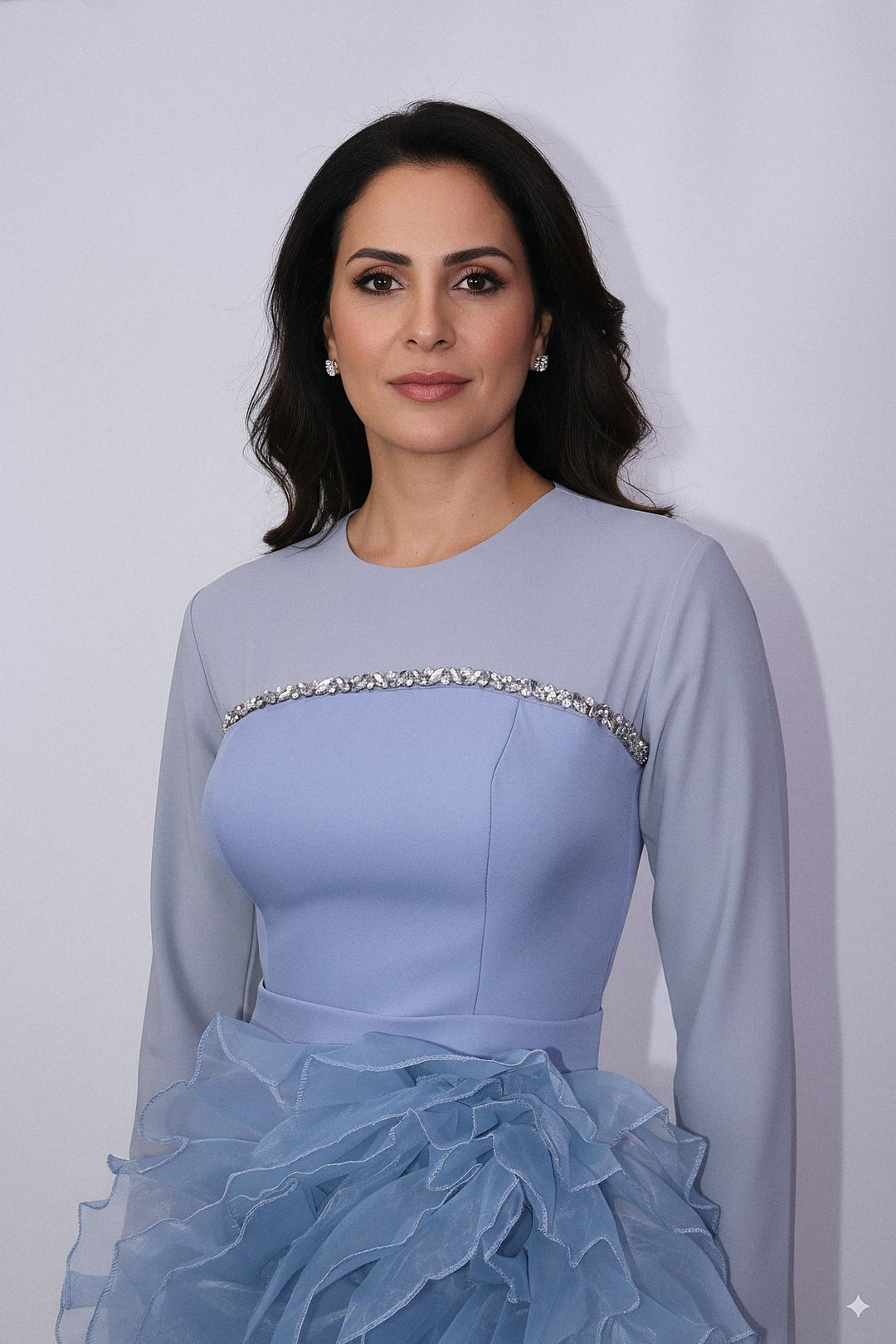 long-sleeve gown with crystal trim and tiered ruffle skirt – ODD- AZEIRA