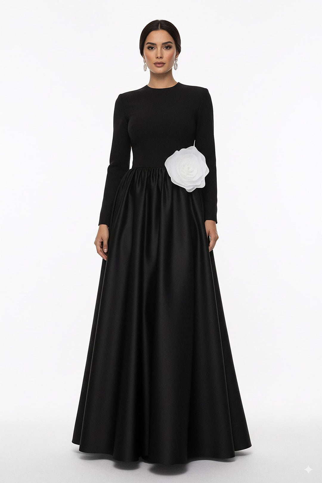 long-sleeve satin gown with oversized flower accent – MIREN