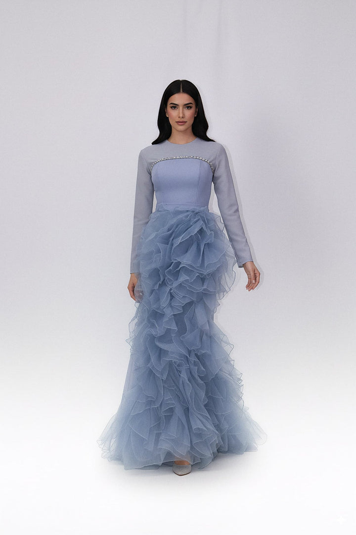 long-sleeve gown with crystal trim and tiered ruffle skirt – ODD- AZEIRA