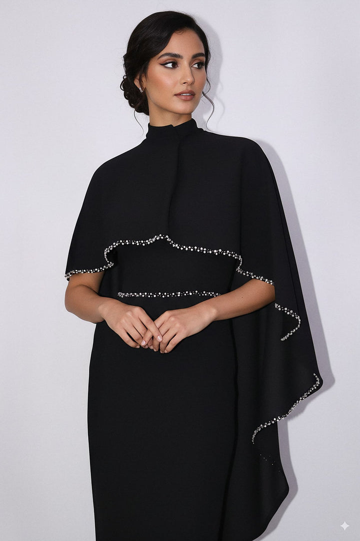 high-neck column gown with embellished cape – ODD- VORIN