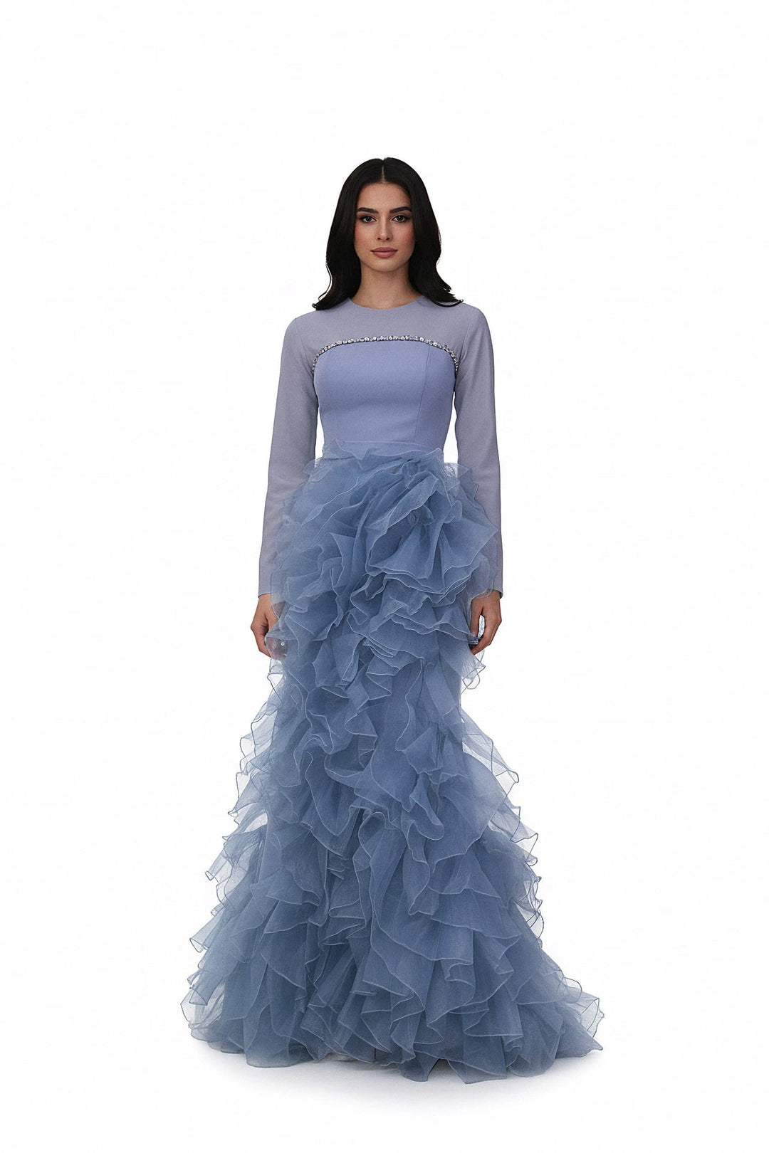 long-sleeve gown with crystal trim and tiered ruffle skirt – ODD- AZEIRA