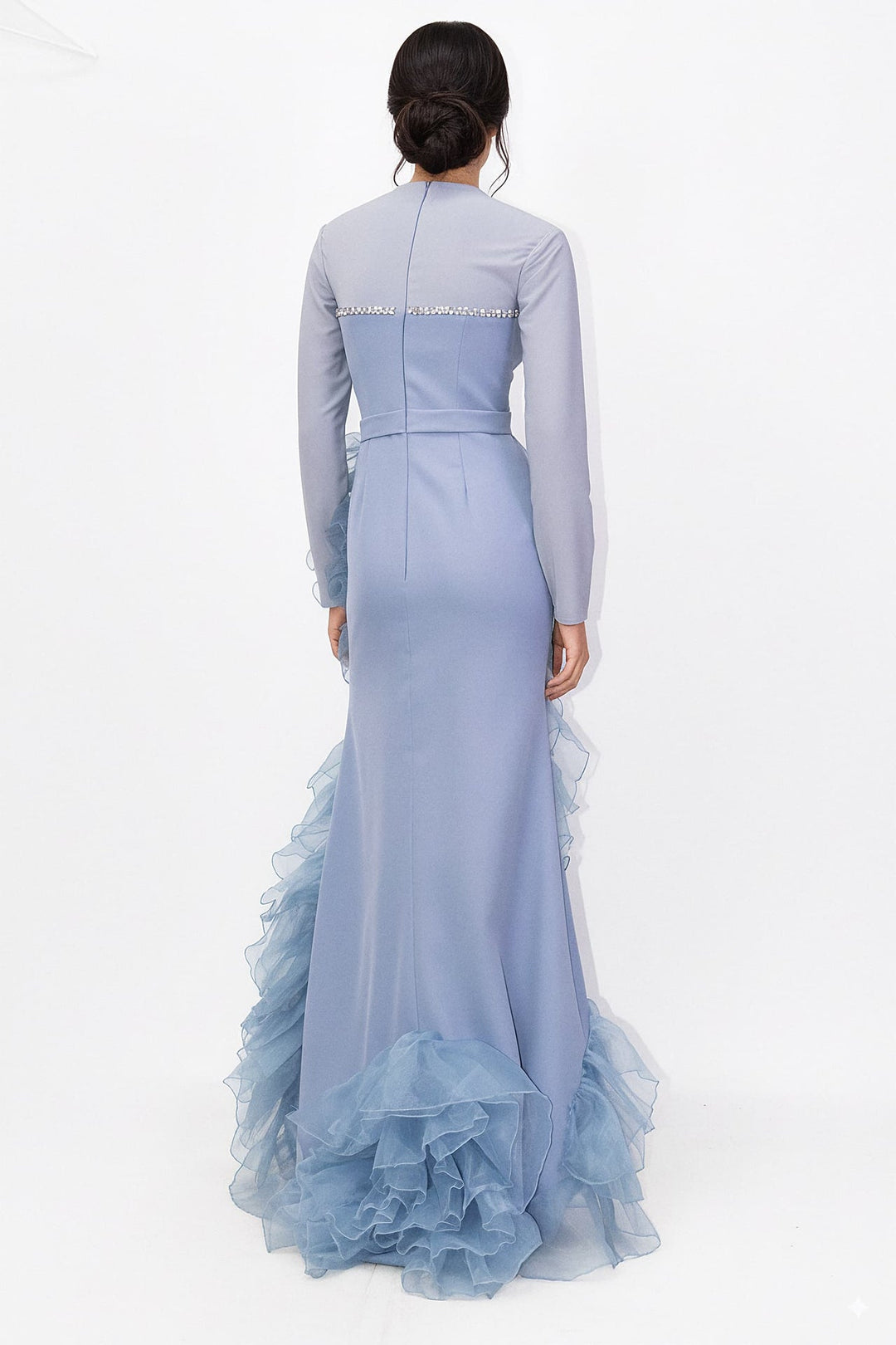 long-sleeve gown with crystal trim and tiered ruffle skirt – ODD- AZEIRA