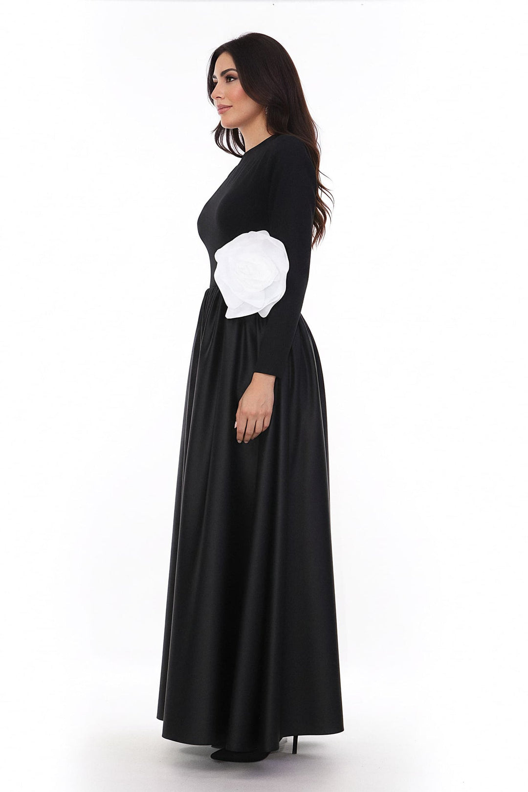long-sleeve satin gown with oversized flower accent – ODD- MIREN