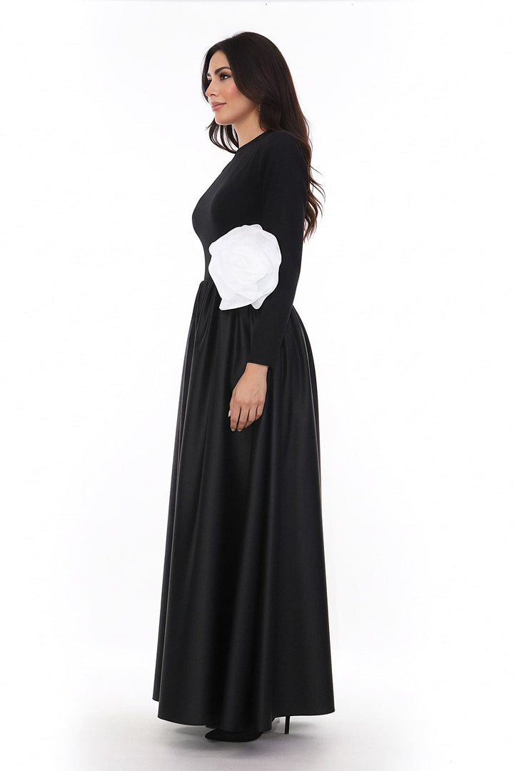 long-sleeve satin gown with oversized flower accent – ODD- MIREN