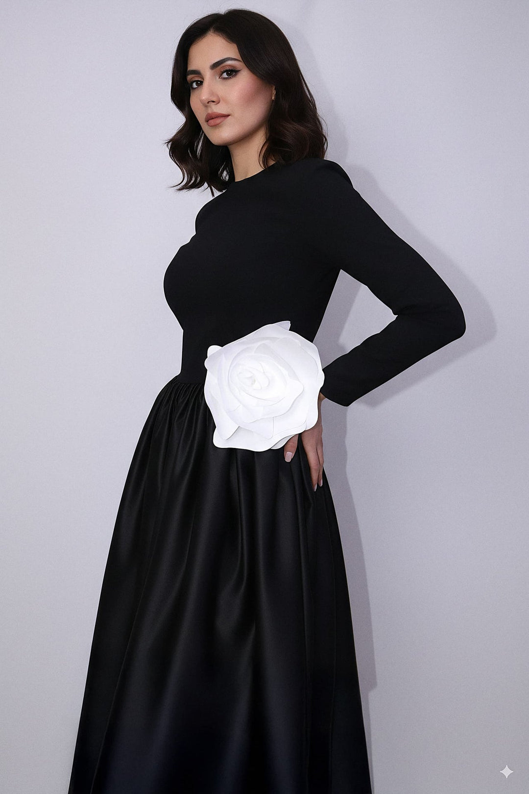 long-sleeve satin gown with oversized flower accent – ODD- MIREN
