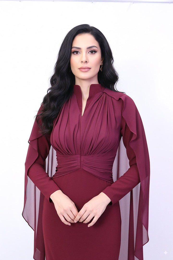 draped high-neck gown with chiffon cape sleeves – ODD- MERLOT