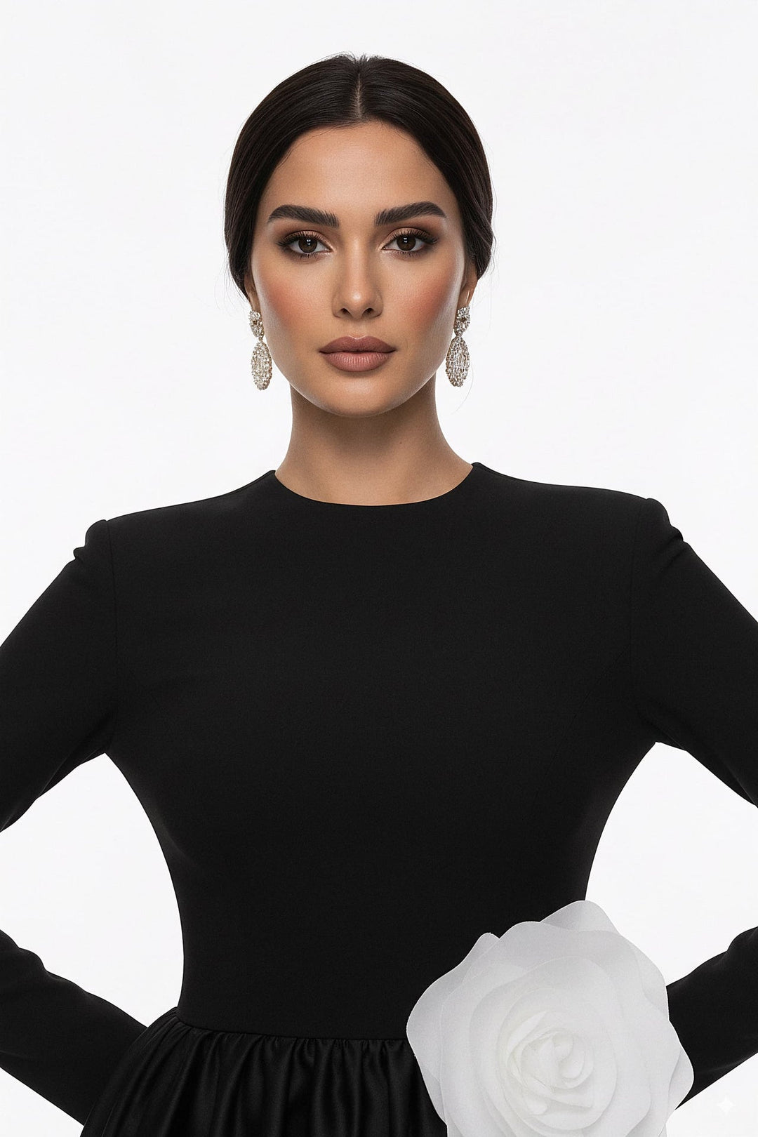 long-sleeve satin gown with oversized flower accent – ODD- MIREN