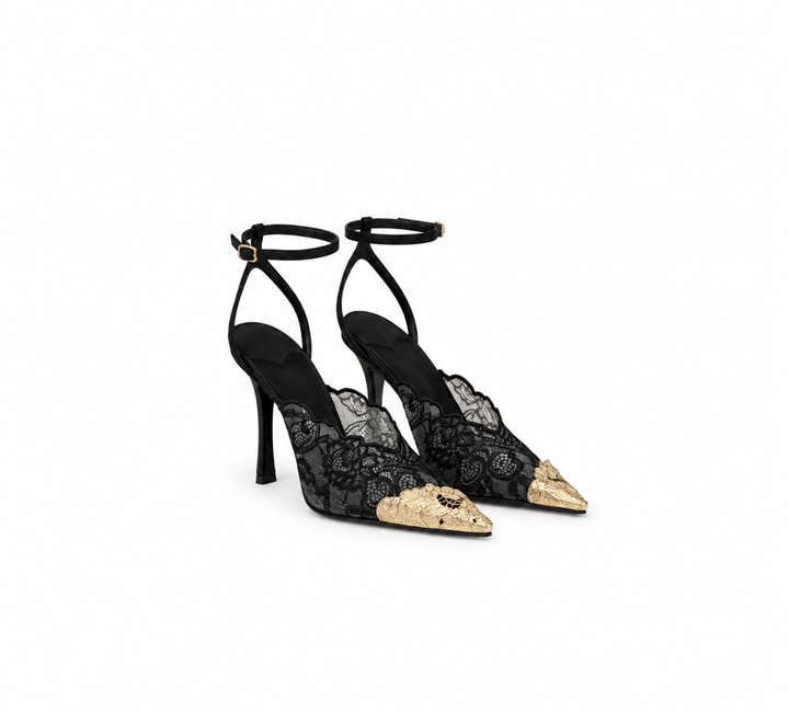 Lace Pointed Toe Ankle Strap Heels – Noir