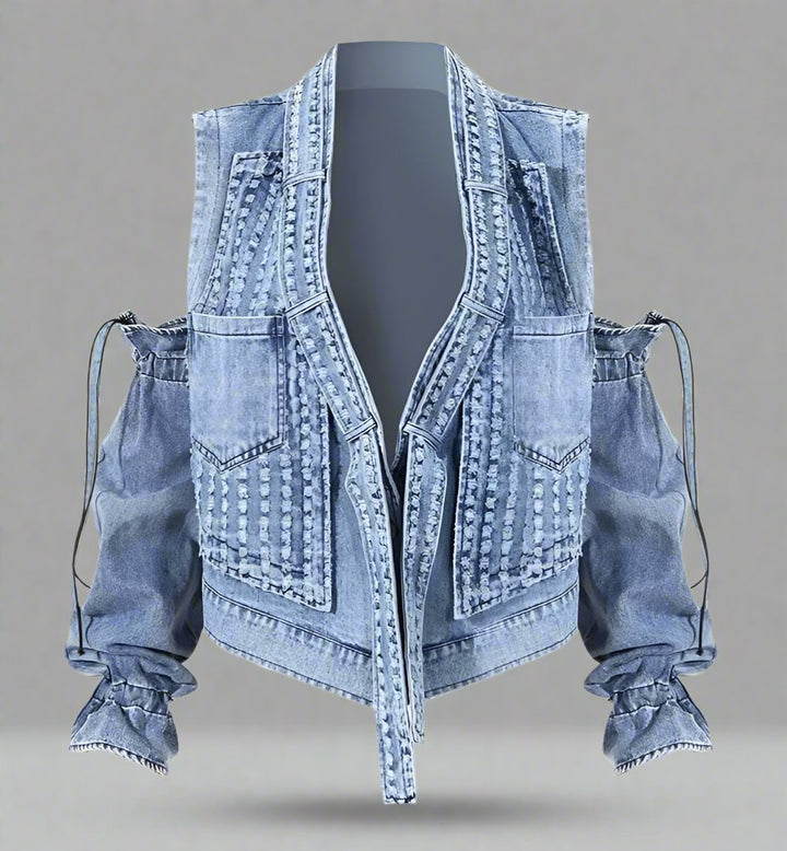 cold-shoulder embellished denim jacket with gathered sleeves – Klaew Kla