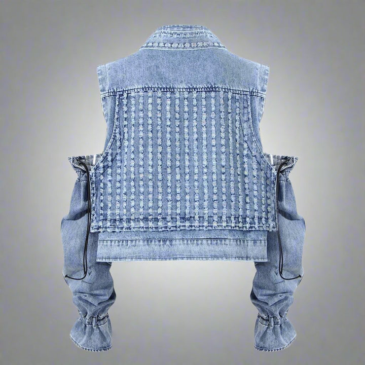 cold-shoulder embellished denim jacket with gathered sleeves – Klaew Kla