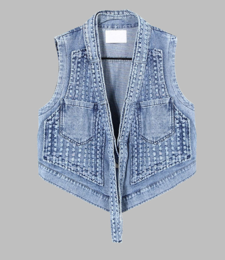 cold-shoulder embellished denim jacket with gathered sleeves – Klaew Kla