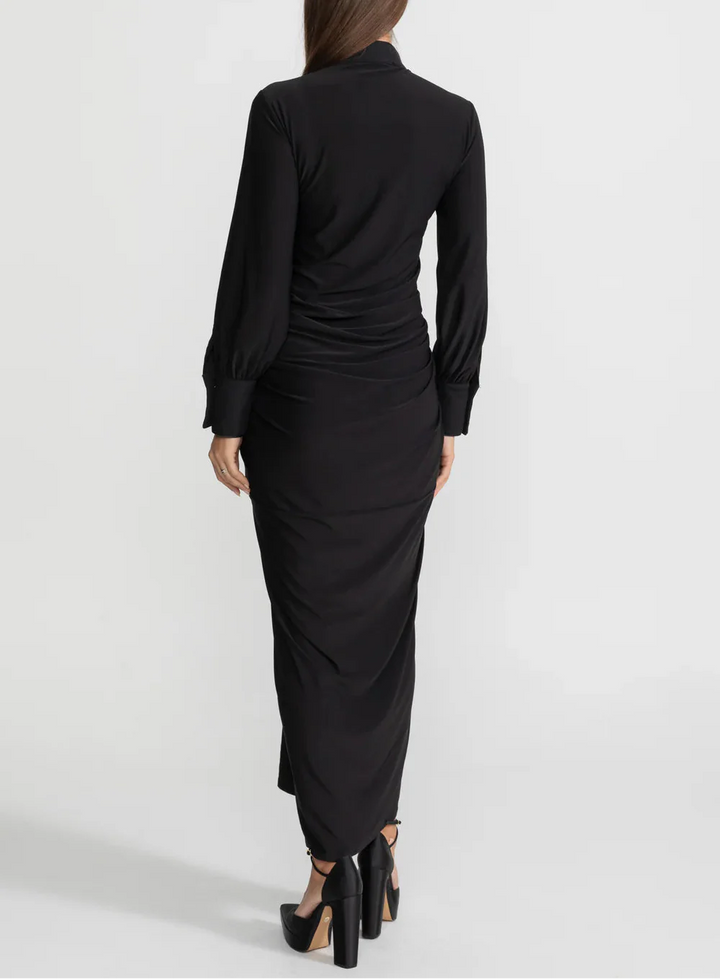 structured ruched maxi dress with gold accents – AURELIA