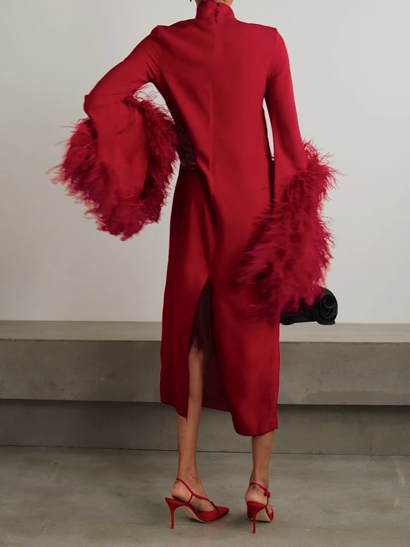 feather-trim midi dress with high neckline – Daale