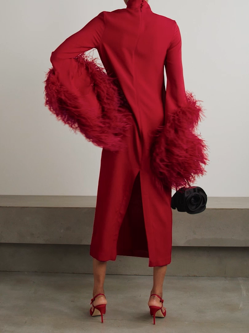 feather-trim midi dress with high neckline – Daale