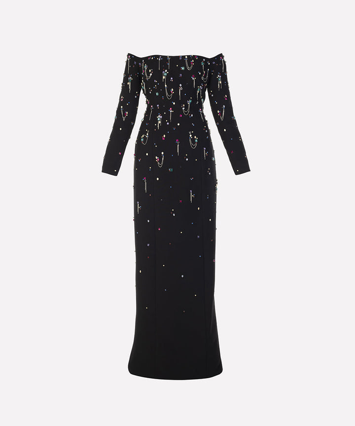 off-shoulder column dress with embellished beads - Haleen