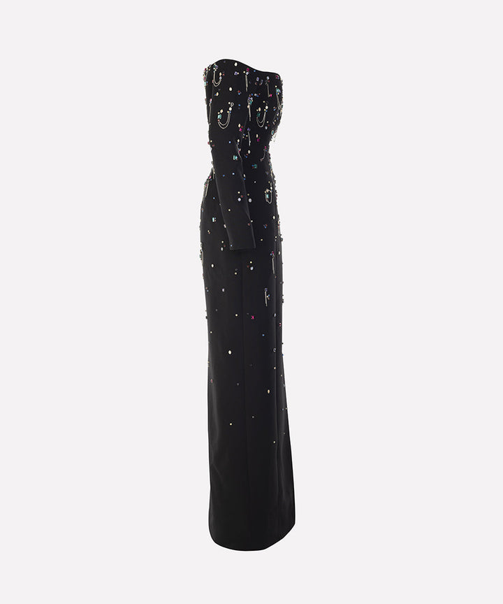 off-shoulder column dress with embellished beads - Haleen